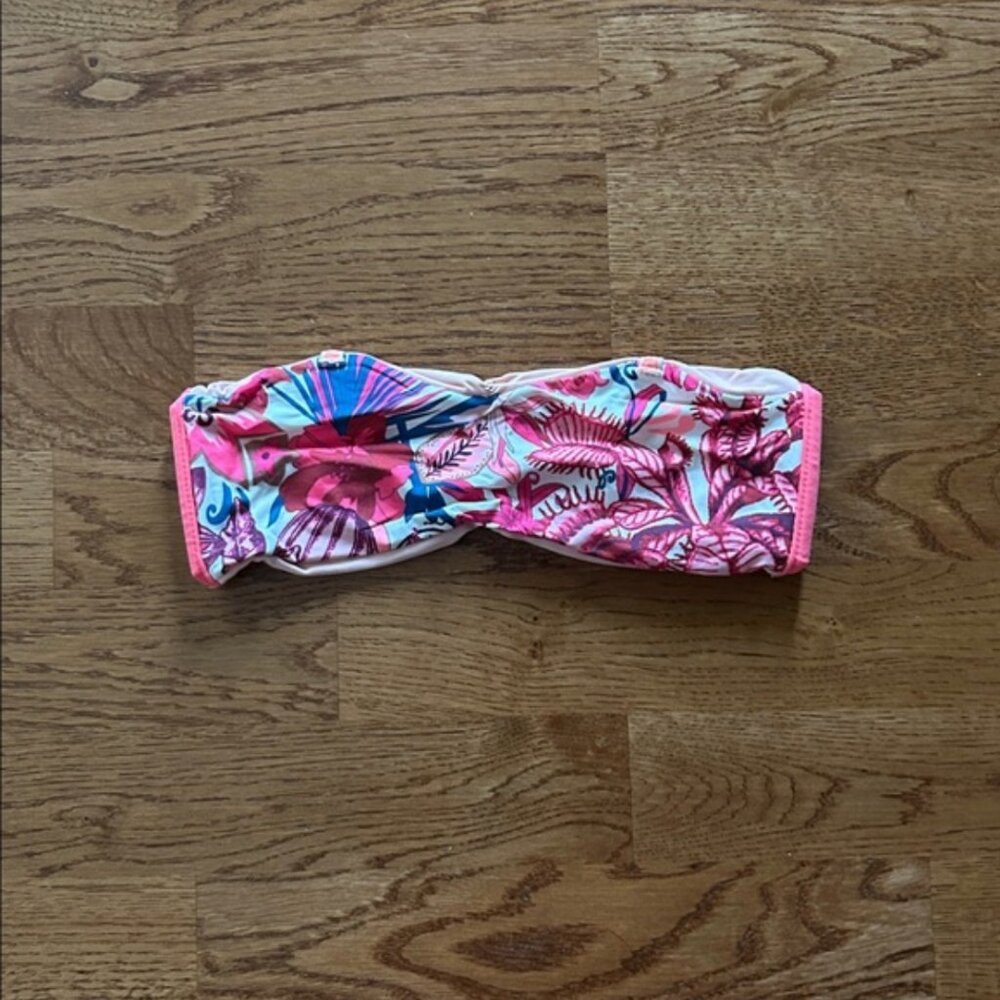 MAAJI Bikini Top Swim Floral Bandeau Peach Reversible Pink Strapless Ruched